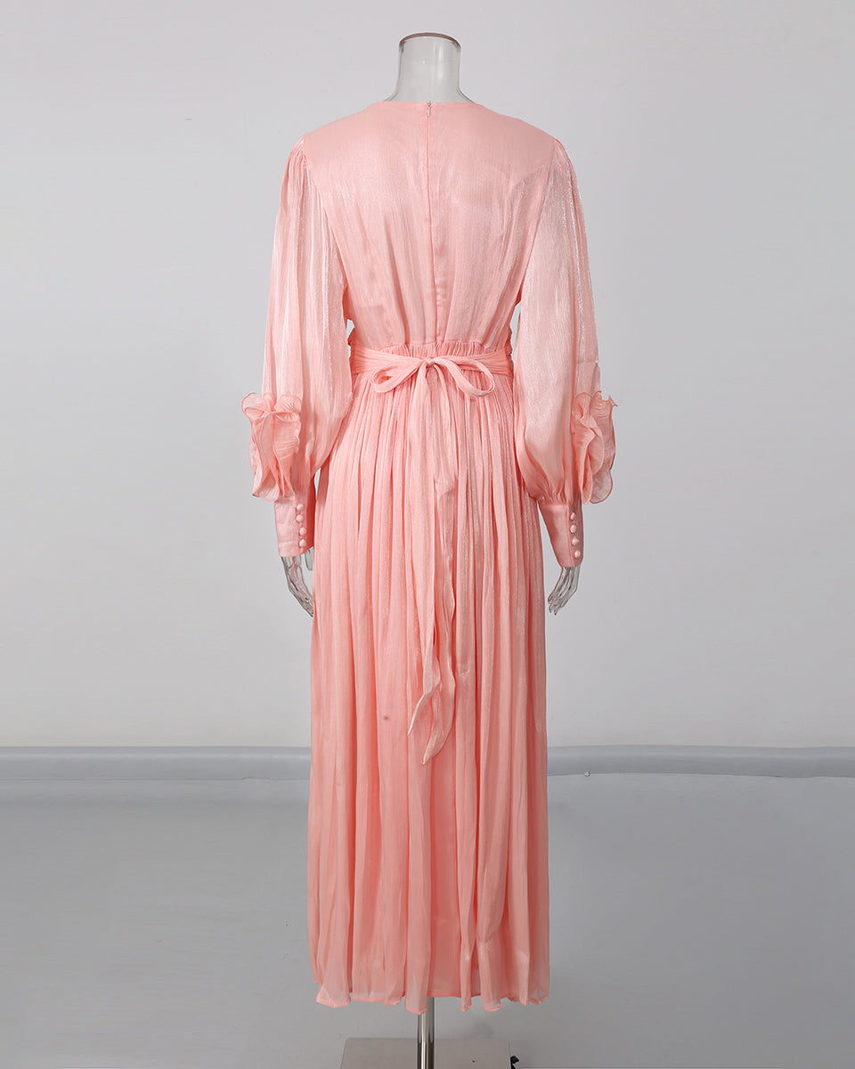 Pink 3D Floral Ruched Waist Maxi Dress