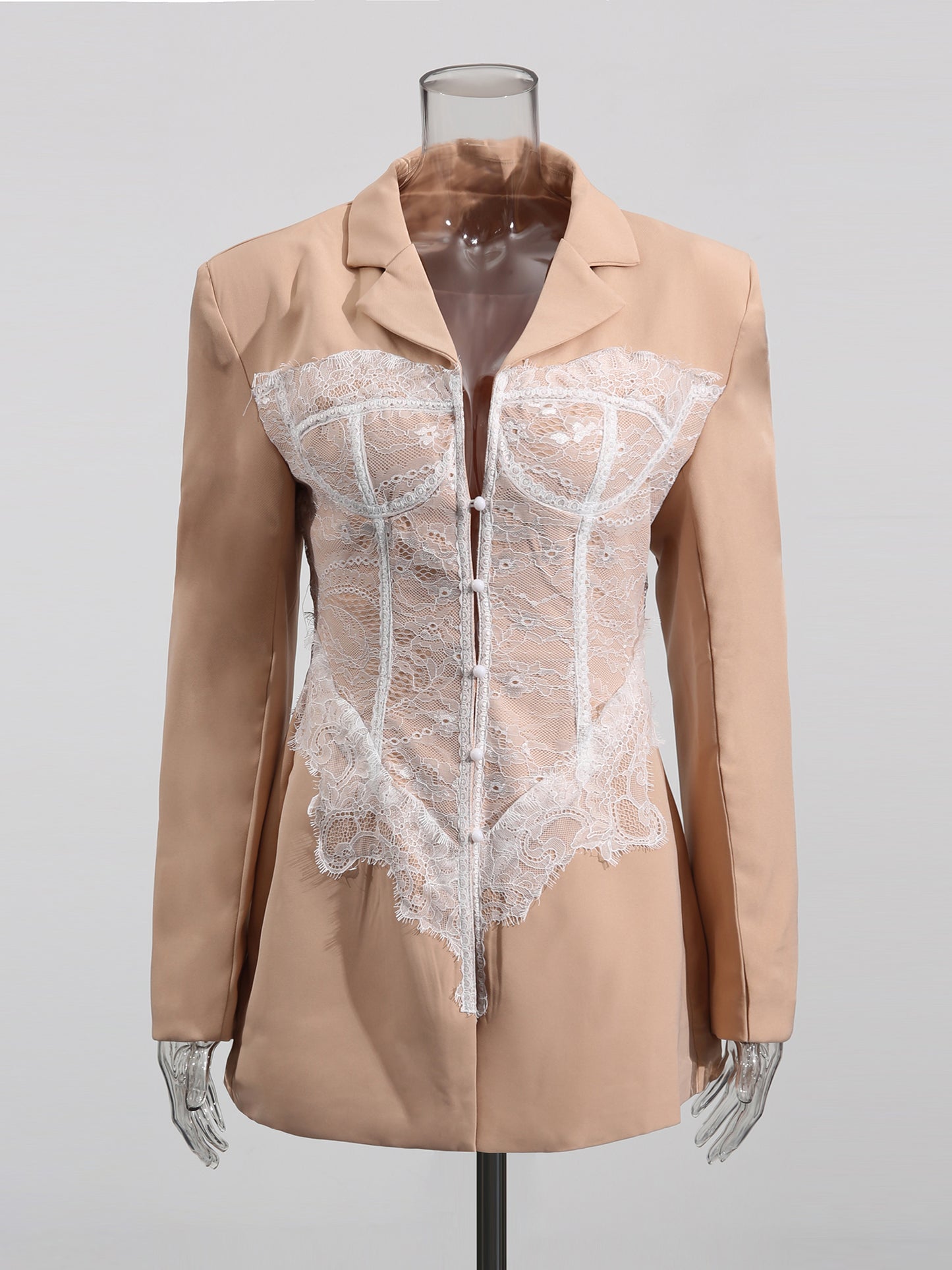 Chic Khaki Blazer with White Lace Corset Detail