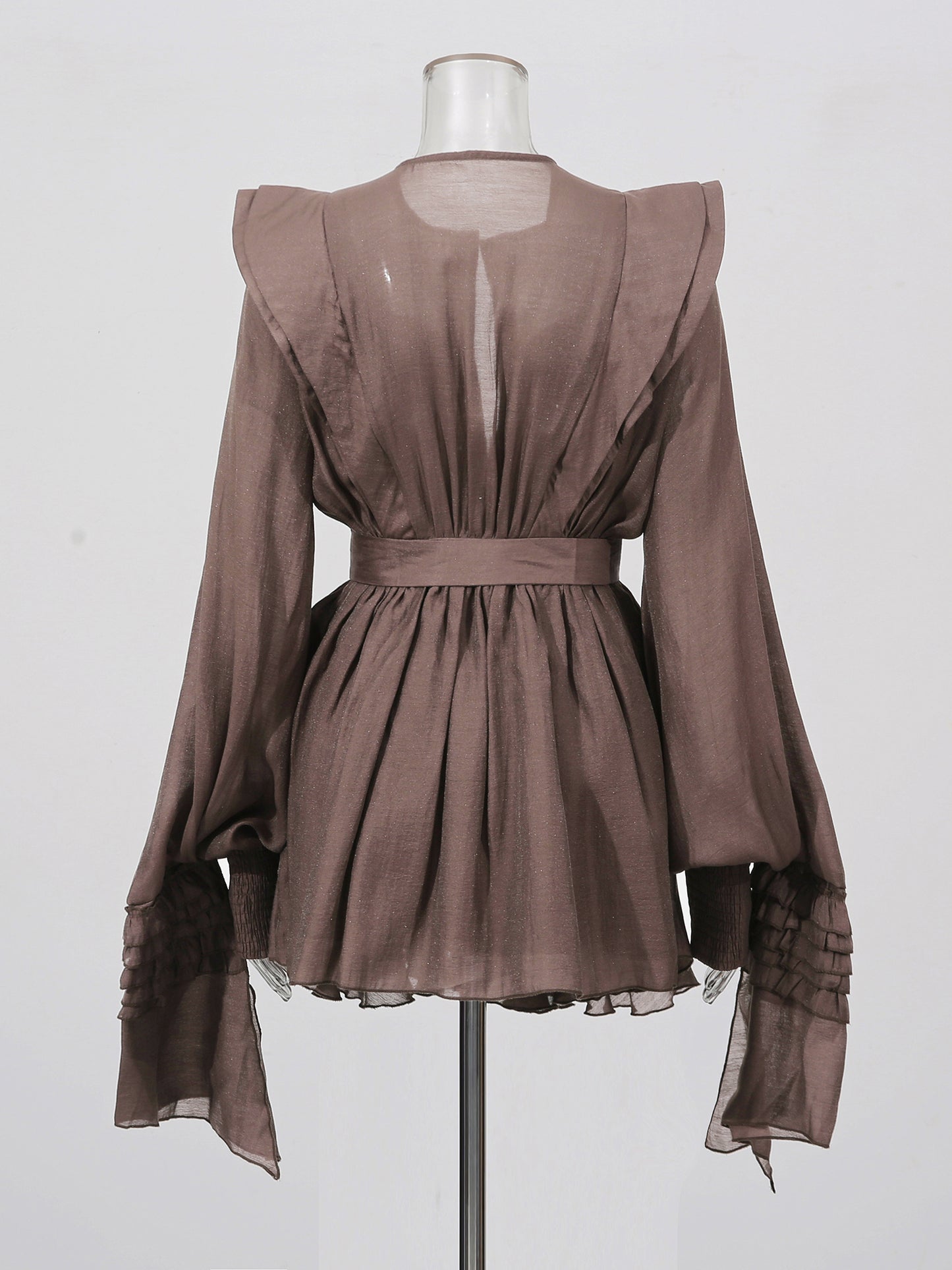 Sophisticated Coffee - Colored Ruffled Tiered Mini Dress with Belt