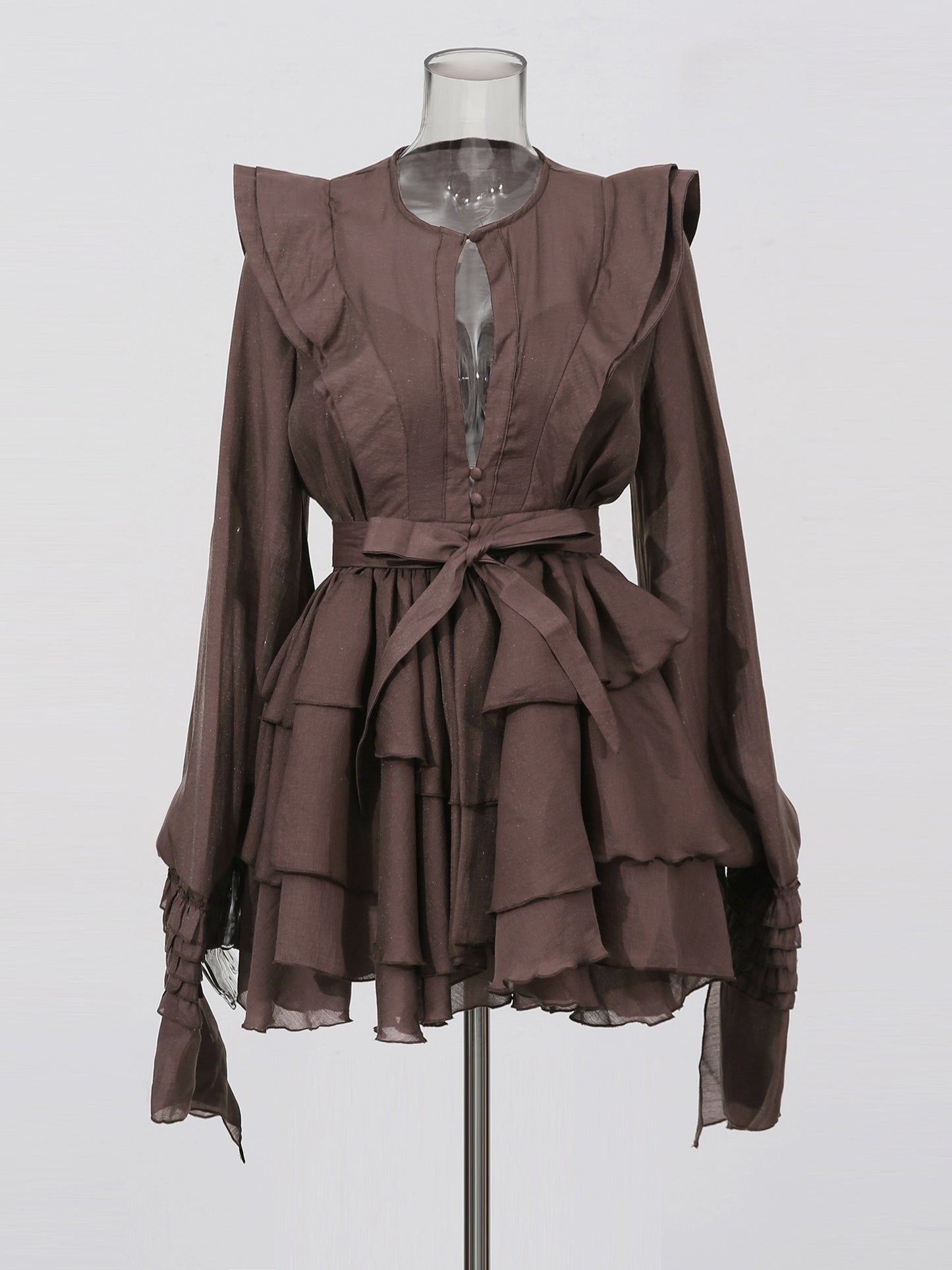 Sophisticated Coffee - Colored Ruffled Tiered Mini Dress with Belt