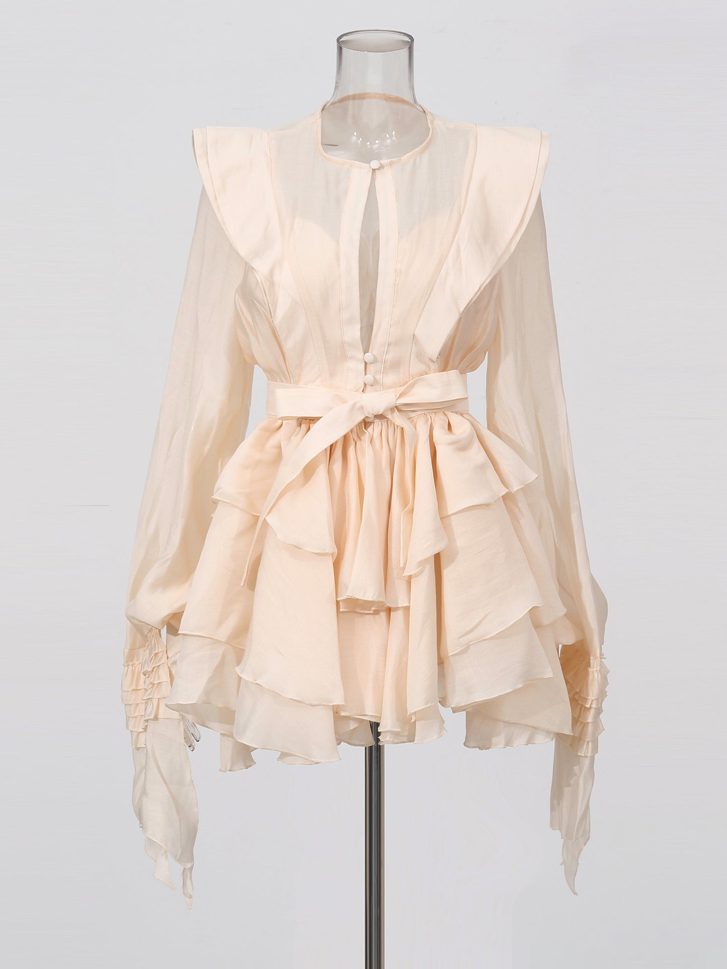 Romantic Apricot Ruffled Tiered Mini Dress with Belt