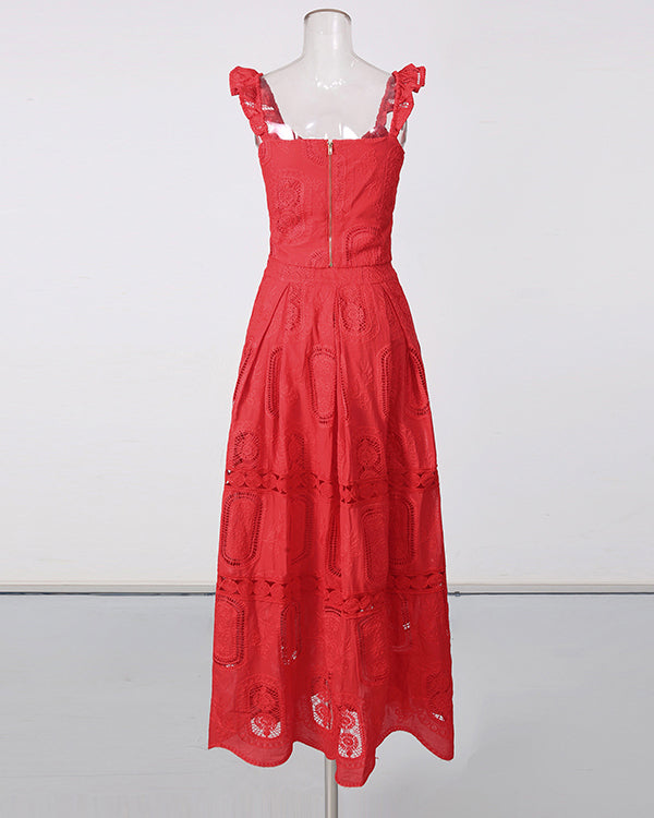 Red Cropped Top & Lace Maxi Skirt Set