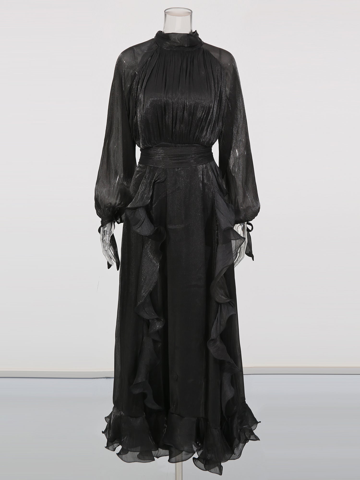 Gothic - Glam Black Ruffled Maxi Dress with Tie Cuffs and High Neck.
