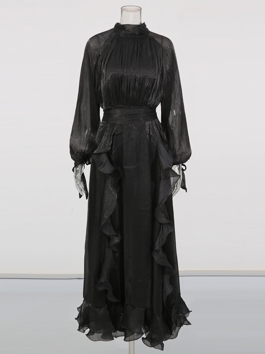 Gothic - Glam Black Ruffled Maxi Dress with Tie Cuffs and High Neck.