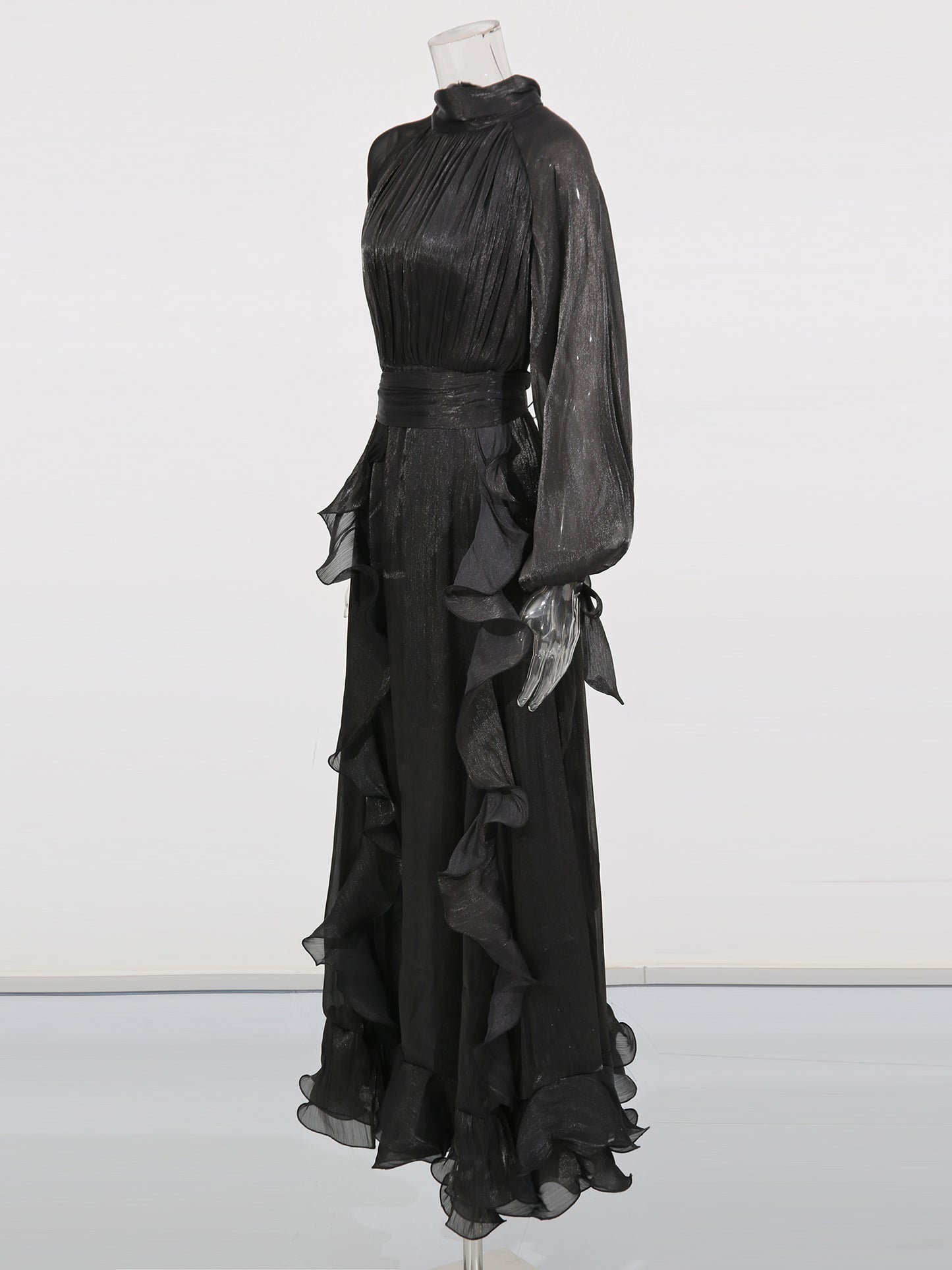 Gothic - Glam Black Ruffled Maxi Dress with Tie Cuffs and High Neck.