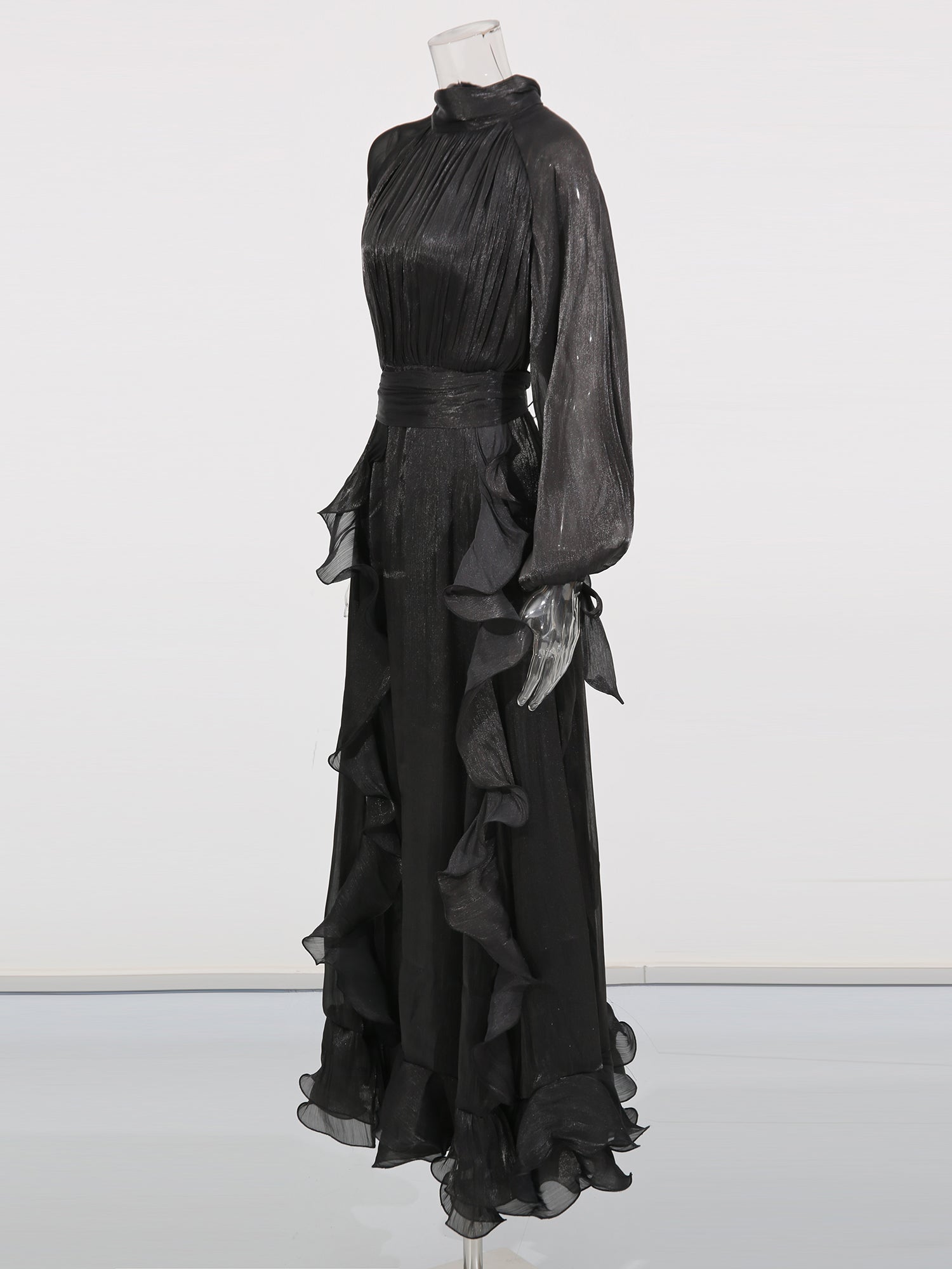 Gothic - Glam Black Ruffled Maxi Dress with Tie Cuffs and High Neck.