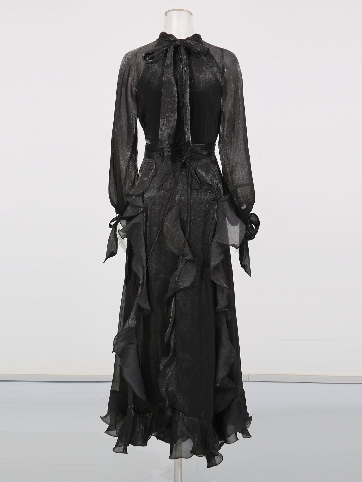 Gothic - Glam Black Ruffled Maxi Dress with Tie Cuffs and High Neck.