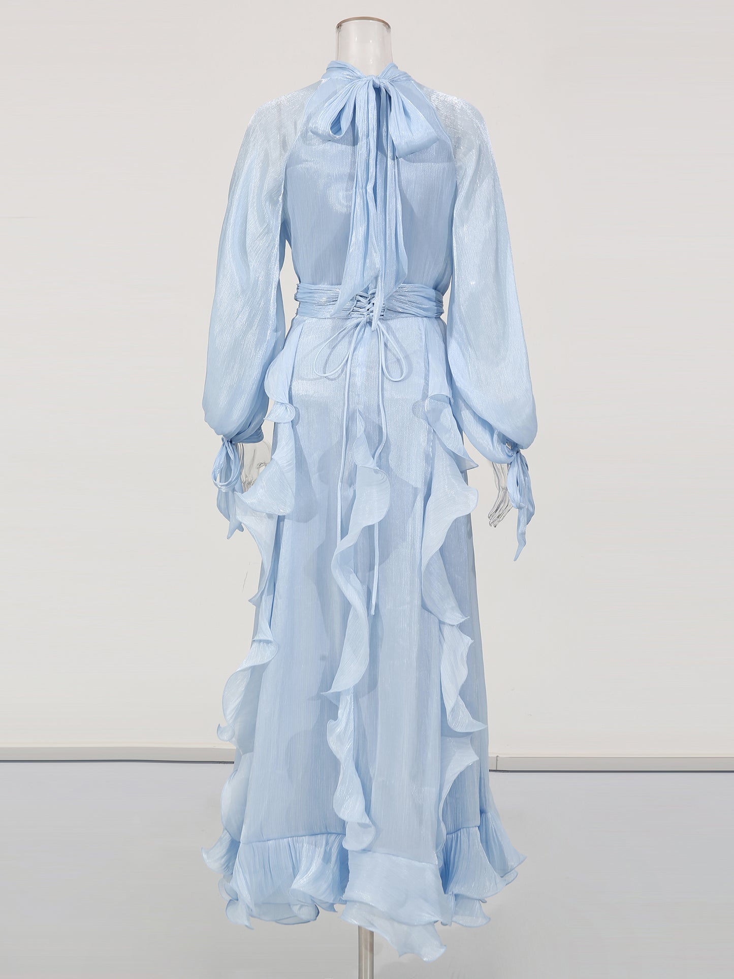 Ethereal Light Blue Ruffled Maxi Dress with Tie Cuffs.