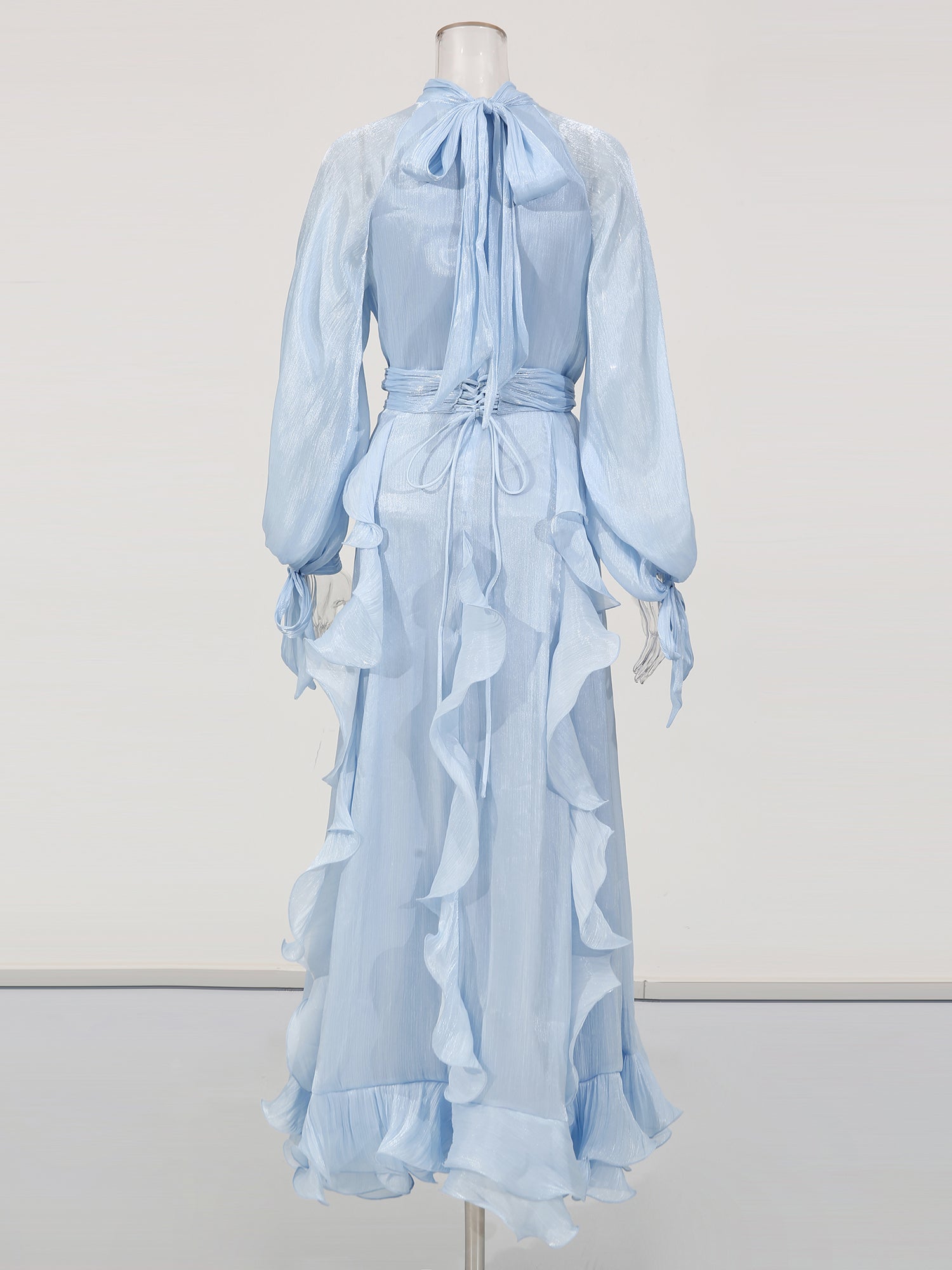 Ethereal Light Blue Ruffled Maxi Dress with Tie Cuffs.