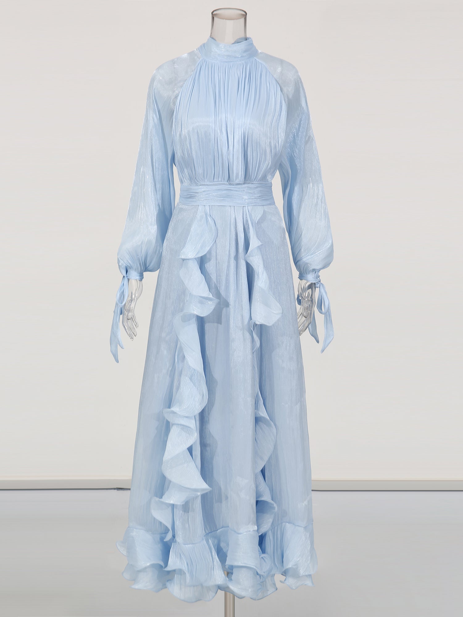 Ethereal Light Blue Ruffled Maxi Dress with Tie Cuffs.