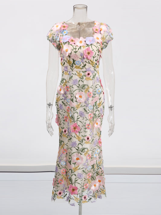 Square Collar Patchwork Flower Long Dress