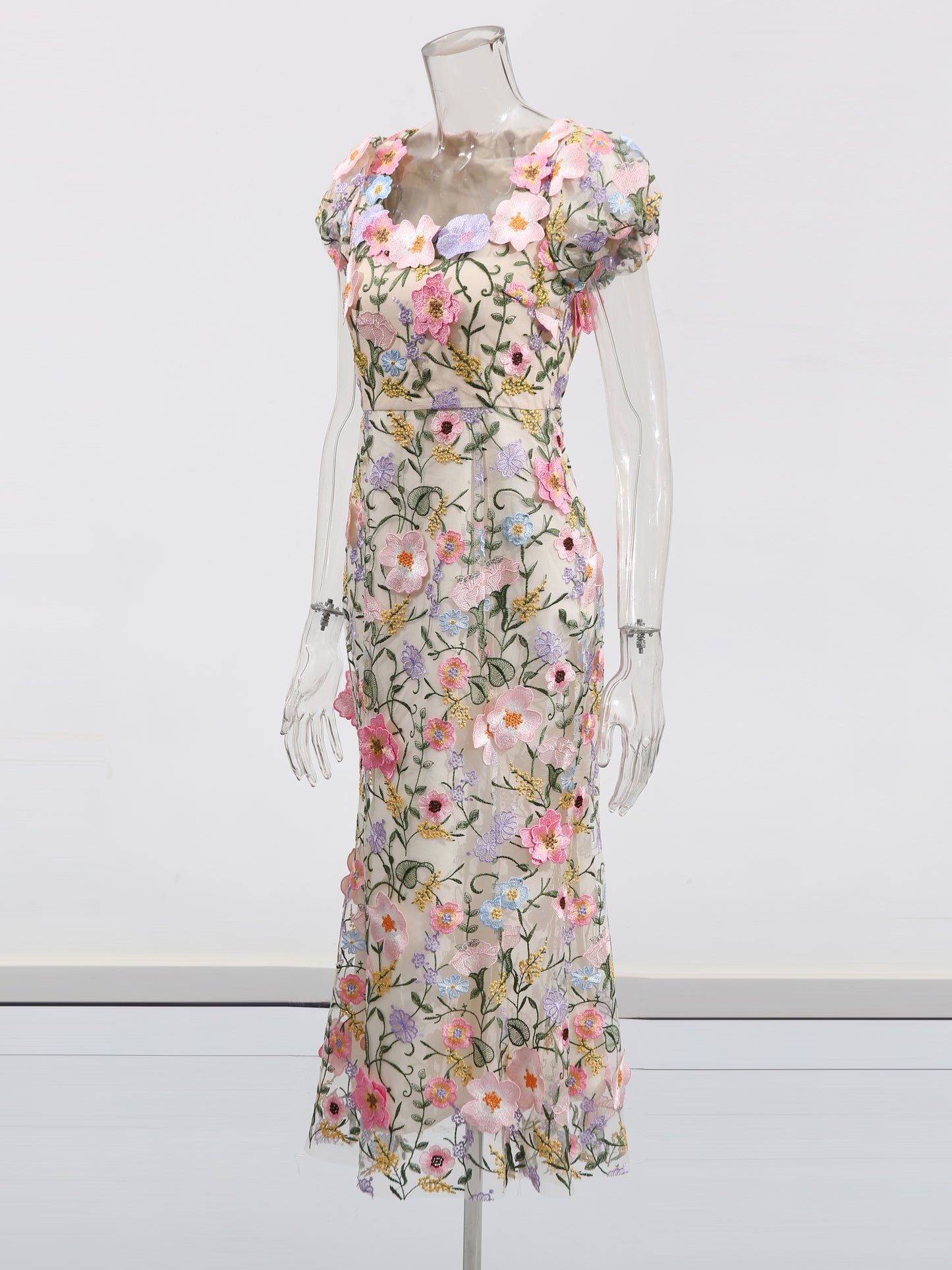 Square Collar Patchwork Flower Long Dress