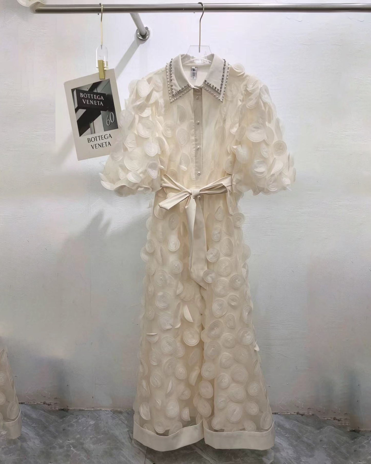 Apricot Beaded Lapel Tunic Belted Maxi Shirt Dress