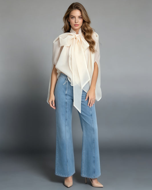 Apricot Bowknot Stand Collar Loose Blouse