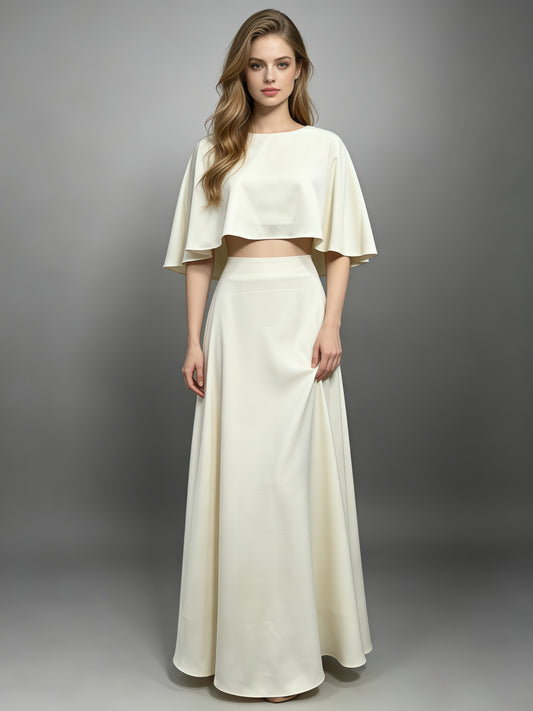 Apricot Cape Sleeve Crop Top High Waist Skirt Set