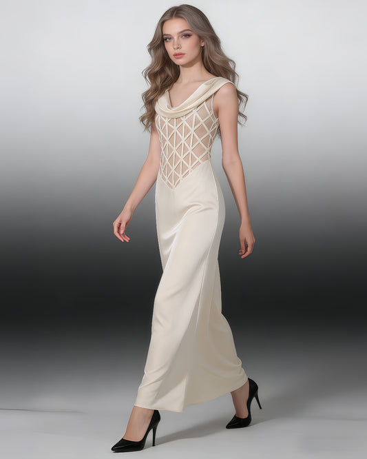 Apricot Cowl Neck Mesh Satin Maxi Dress
