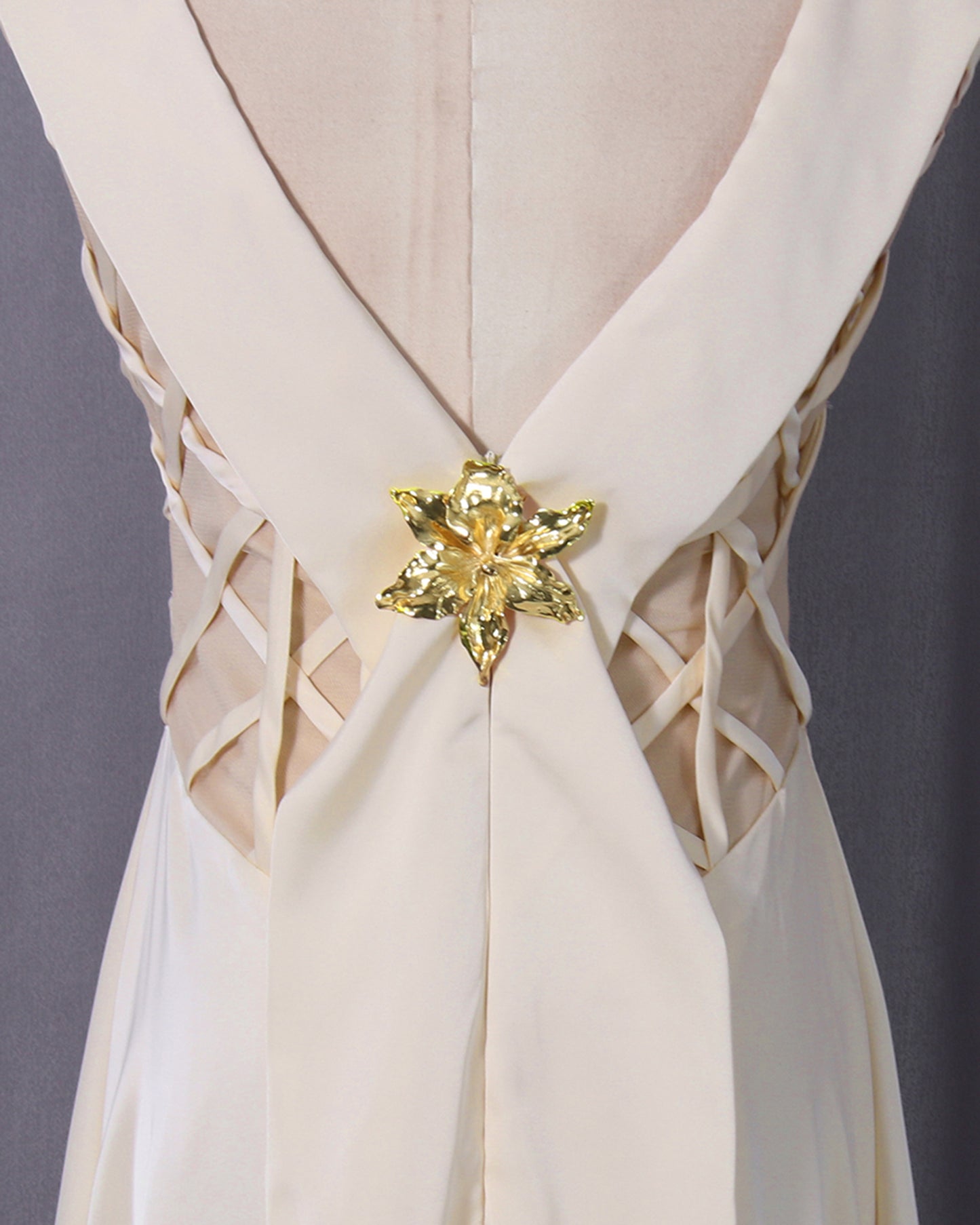 Apricot Cowl Neck Mesh Satin Maxi Dress