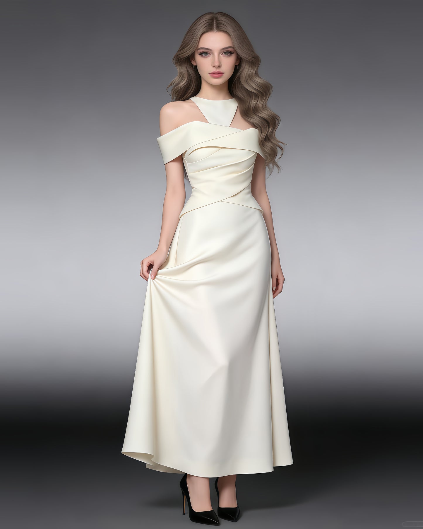 Apricot Halter Off-Shoulder Ruched Maxi Dress