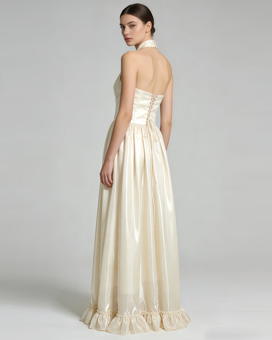 Apricot Halter Ruffled Organza Maxi Dress