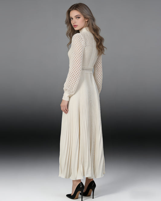 Apricot Lace Pleated Midi Dress