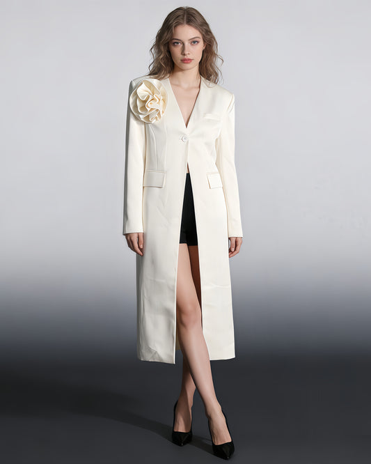 Apricot Longline Jacket with Shoulder Flower Accent