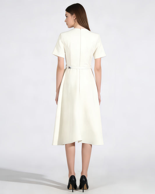 Apricot Midi Dress with 3D Roses & Chain Neckline