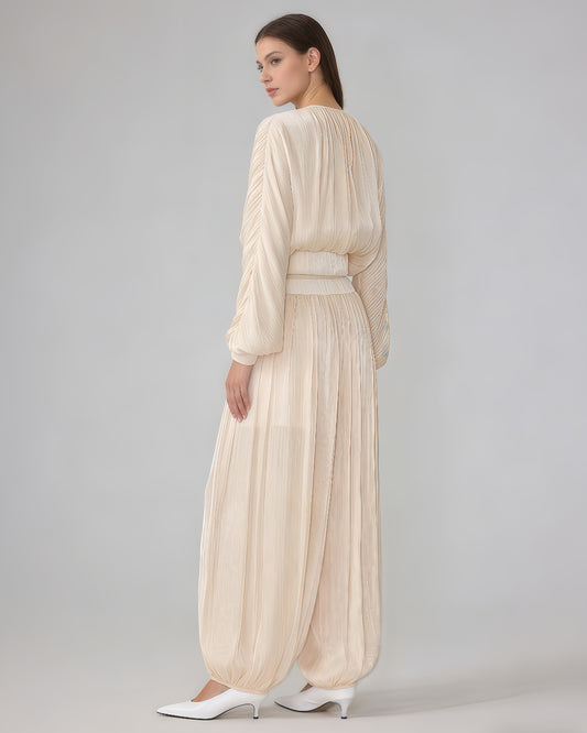Apricot Pleated Lantern Sleeve Wide-Leg Set