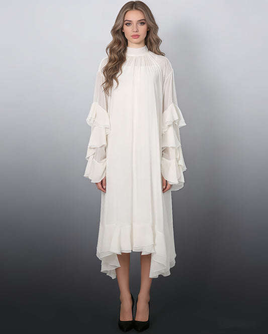 Apricot Ruffle High Neck Chiffon Maxi Dress