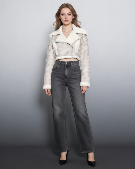 Apricot Shearling-Lined Cropped Moto Jacket