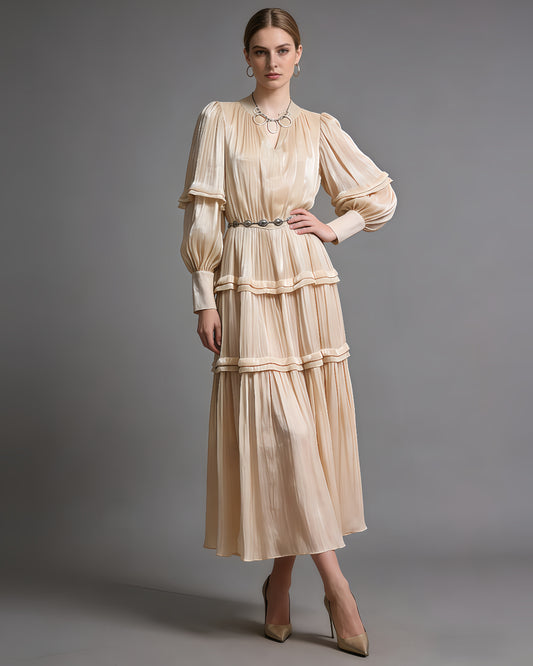 Apricot Shiny Lantern Sleeve Tiered Maxi Dress