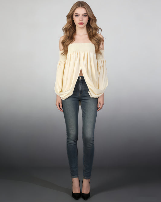 Apricot Smocked Tube Top Lantern Sleeve Split Blouse