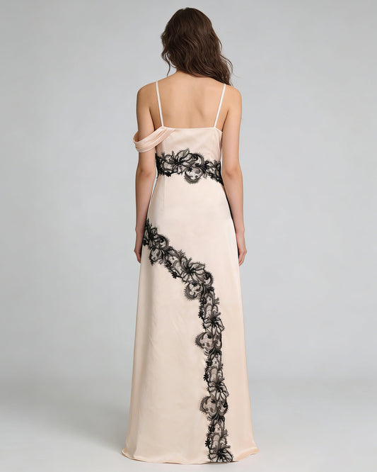 Apricot Spaghetti Strap Black Lace Satin Maxi Dress