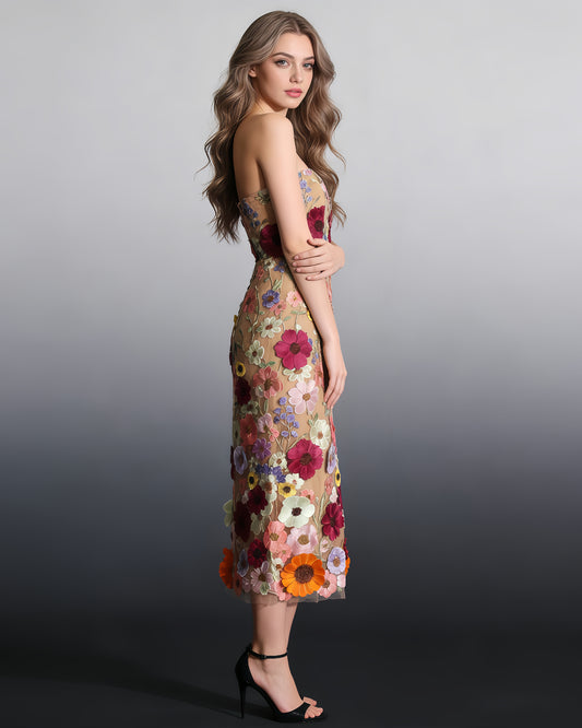 Apricot Strapless Floral Embroidered Midi Dress