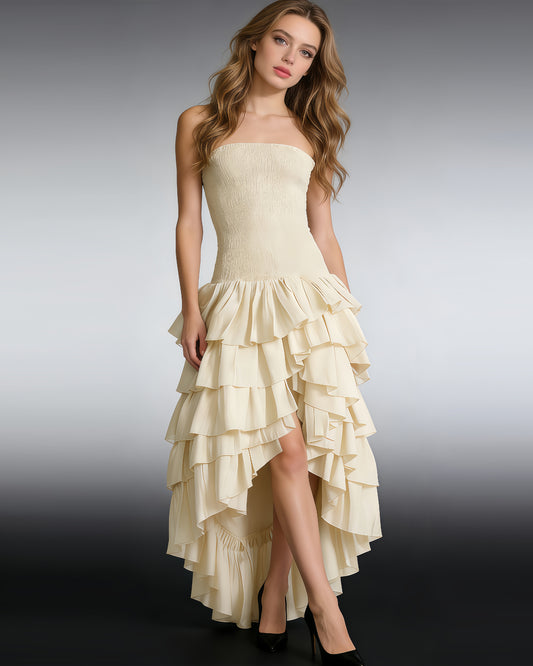 Apricot Strapless Smocked Ruffle Dress