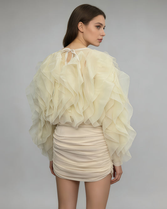 Apricot Tulle Ruffle Ruched Mini Dress