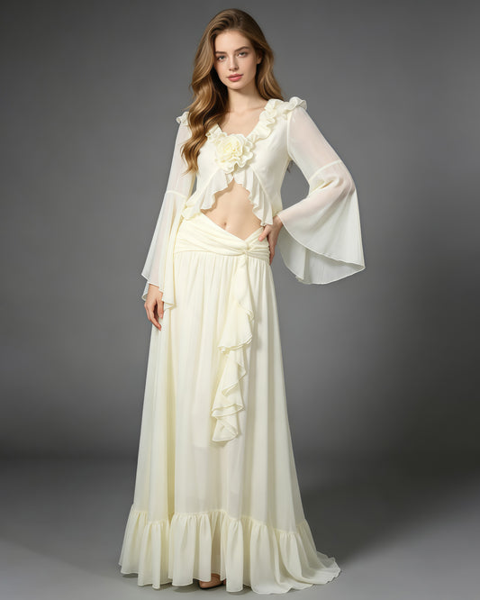 Apricot V Neck Crop Top Wrap Waist Maxi Skirt Set