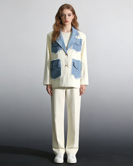 Apricot & Denim Patchwork Blazer with Fringe