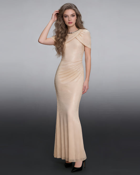 Apricot Rhinestone Ruched Mermaid Maxi Dress
