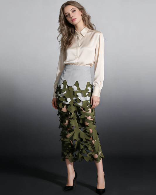 Army Green Leaf Cutout Midi Skirt