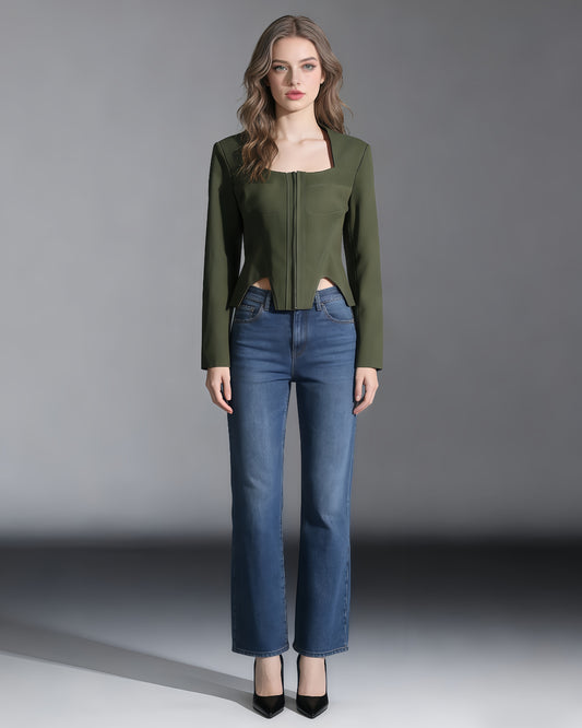 Army Green Long-Sleeve Corset Top Square Neck