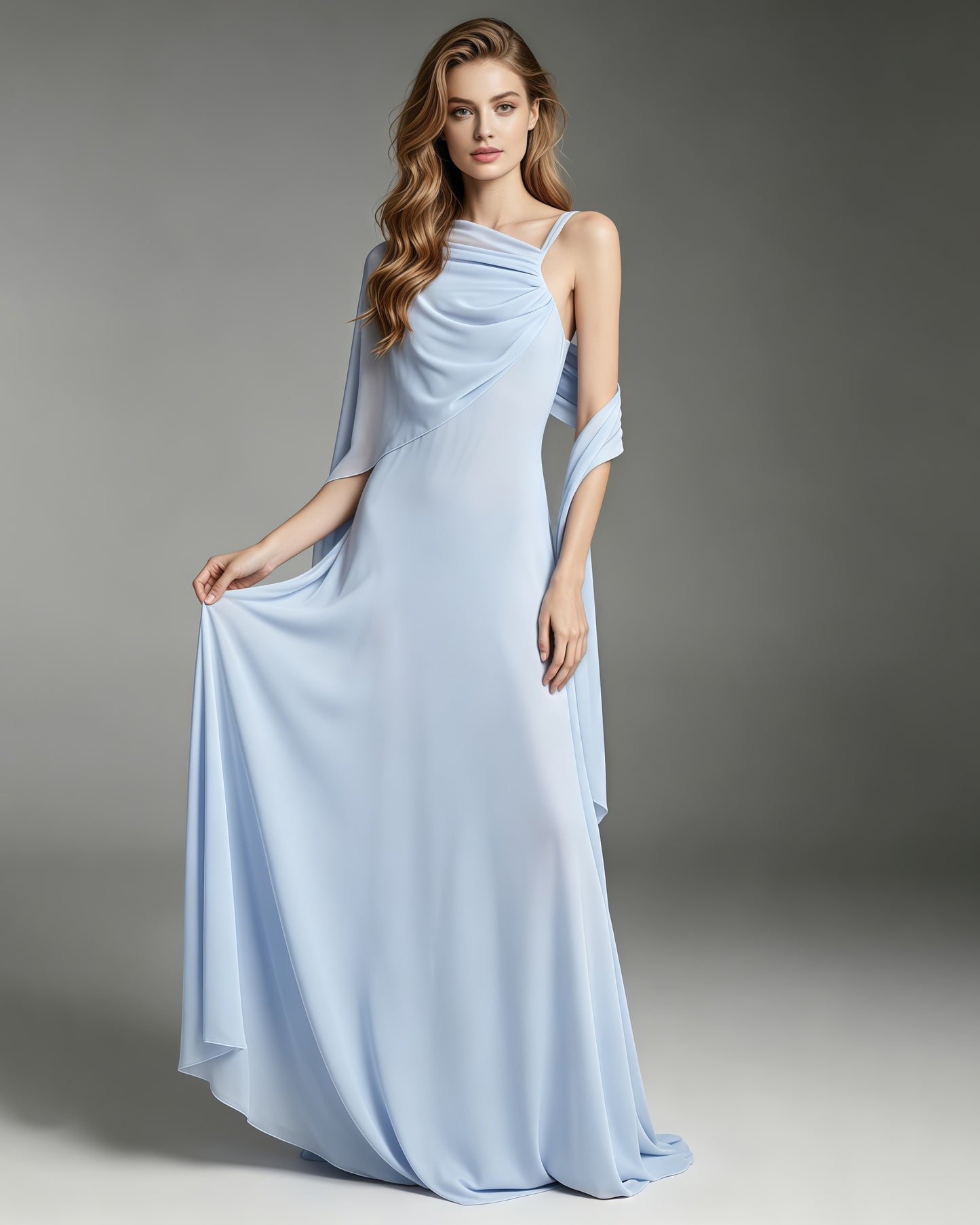 Babyblue One Shoulder Draped Mesh Floor Maxi Dress
