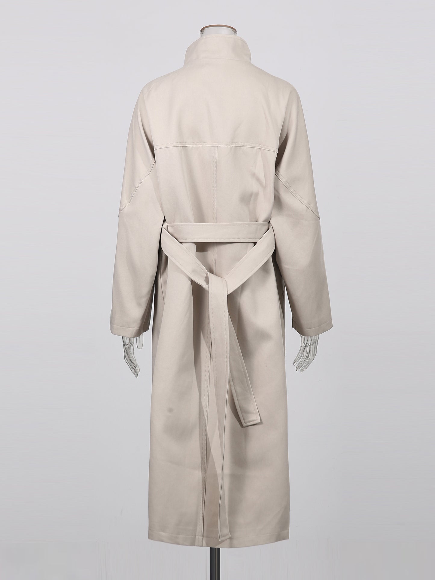 Beige Asymmetric Long Coat with Stand Collar