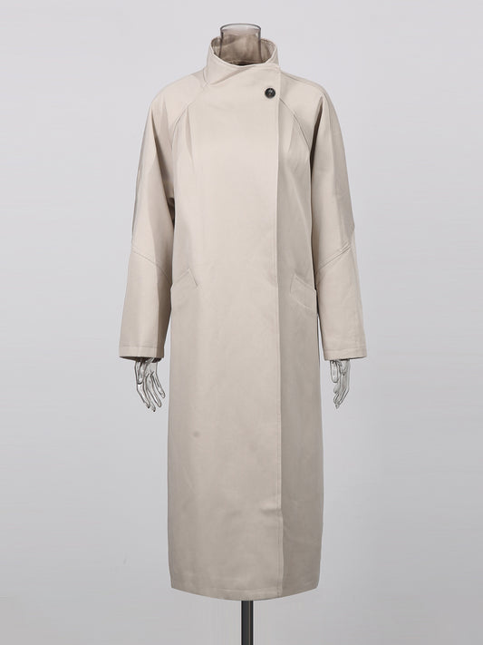 Beige Asymmetric Long Coat with Stand Collar