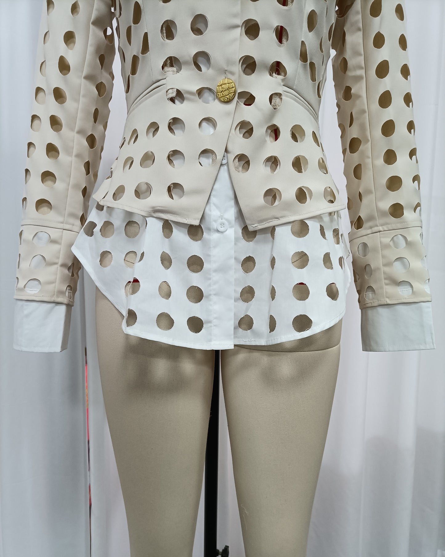 Khaki Hollow Out Circle Cut Blazer Fitted Waist Jacket