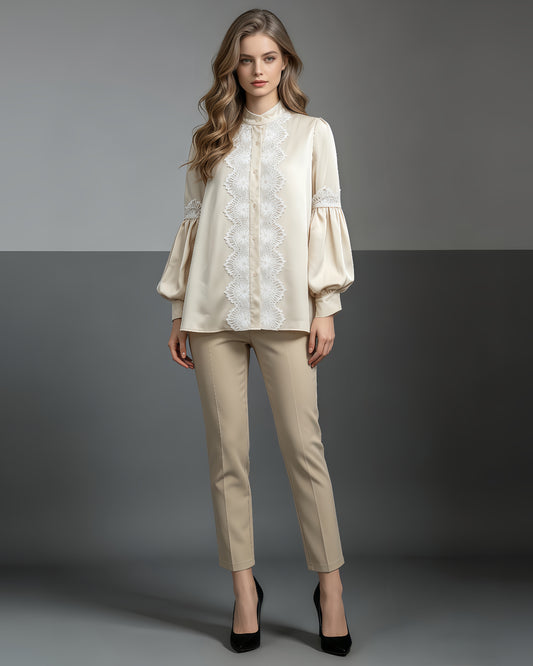 Apricot Lace-Trimmed Satin Blouse