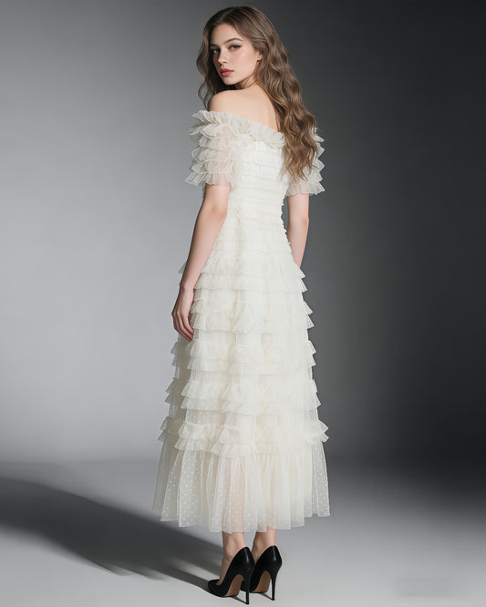 Beige Off-Shoulder Ruffled Tulle Maxi Dress