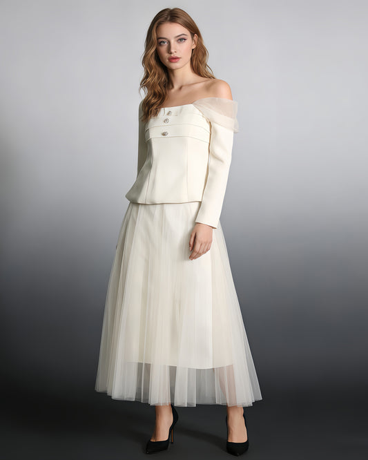 Beige Off-Shoulder Top & Tulle Skirt Set