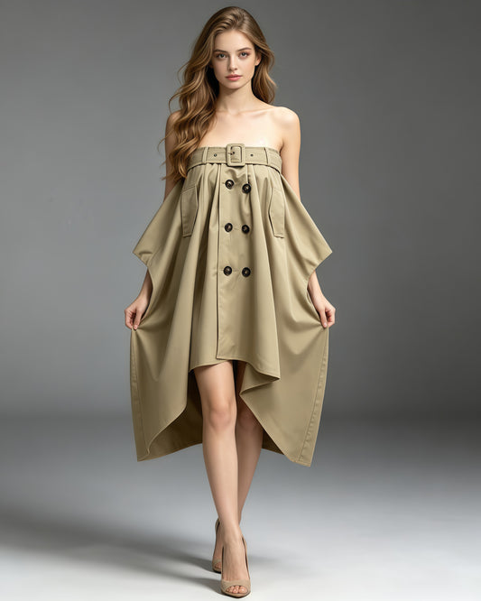 Khaki Off-Shoulder Trench-Style Dress with Belt Detail