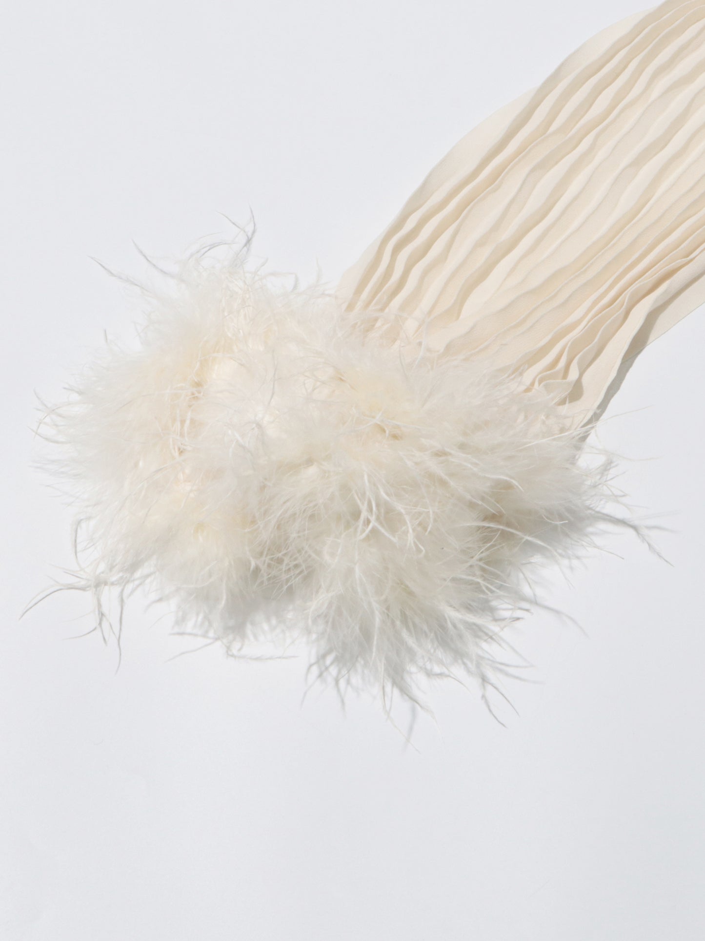 Beige Pleated Maxi Dress with Crystal & Feather Details