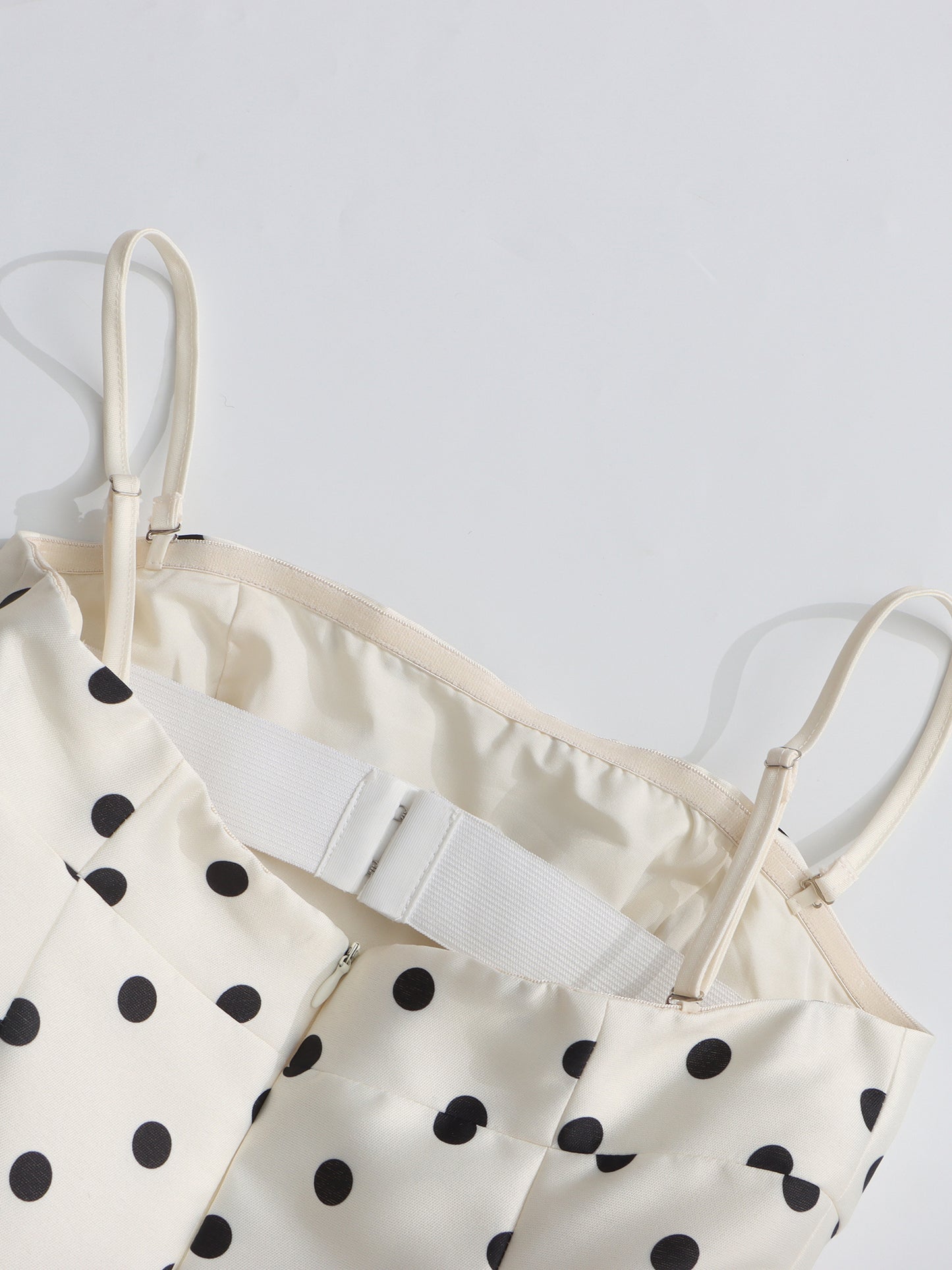 Beige Polka Dot Midi Dress with Spaghetti Straps